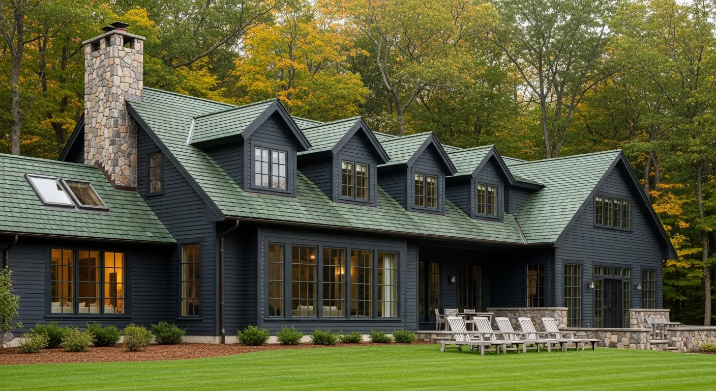 A Large, Rustic Country Lodge With Black Horizontal Siding and a Distinctive Multi-gabled Roof Covered in Deep Forest Green Shingles