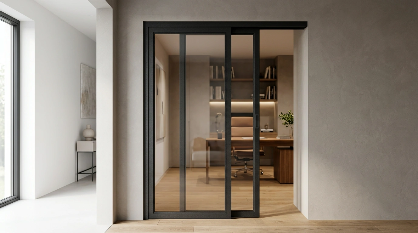 Sleek Matte Black Powder-coated Metal Frame, Precisely Defining a Minimalist Pocket Door 