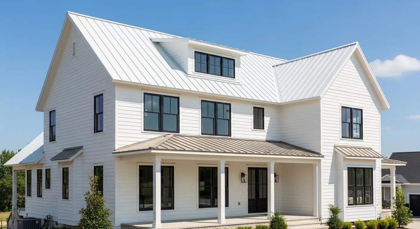 White Plank Siding, a Bright White Standing Seam Metal Roof, and Crisp Black Window Trim and Porch Pillars