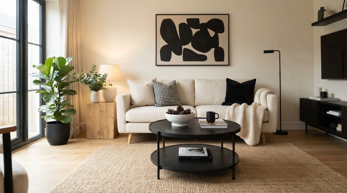 A Large, Rectangular Textured Jute Rug in a Natural Beige Color Covers a Light Wooden Plank Floor