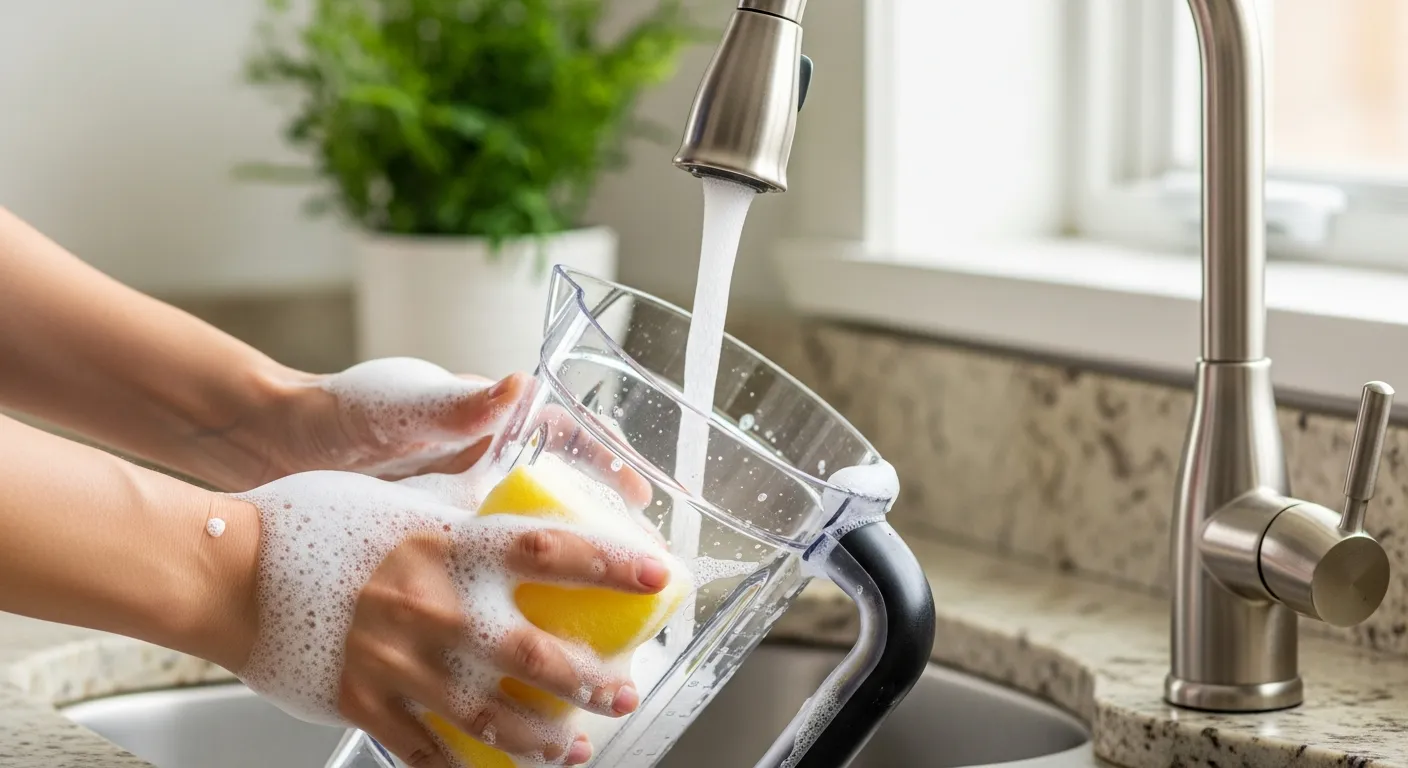 A Person Hands Washing a Clear Plastic Blender Pitcher With a Yellow Sponge Under a Running Brushed Nickel Faucet 