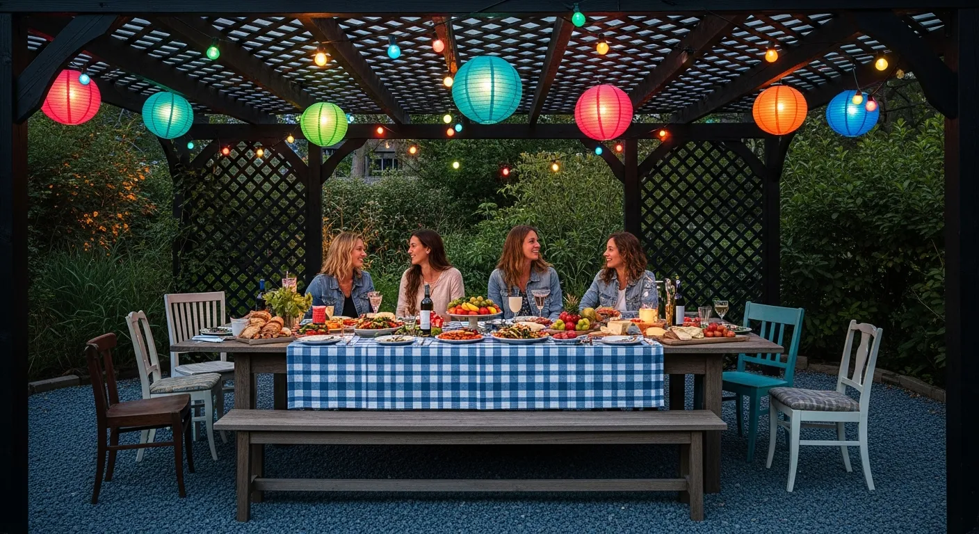 Blue Chip Gravel With a Dark Wood Pergola With a Lattice Roof, Illuminated by Colorful String Lights and Paper Lanterns