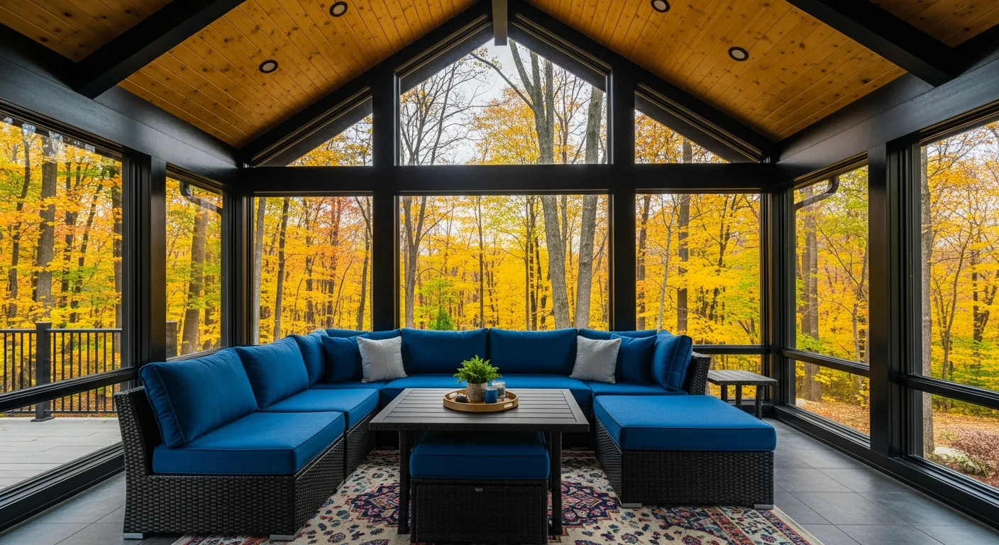 A Plush Blue L-shaped Modular Outdoor Sectional Sofa With a Dark Wicker Base, an Ottoman, and a Matching Coffee Table