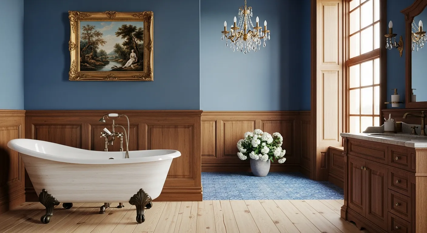 A White Clawfoot Bathtub With a Light Wooden Exterior and Ornate Dark Bronze Feet