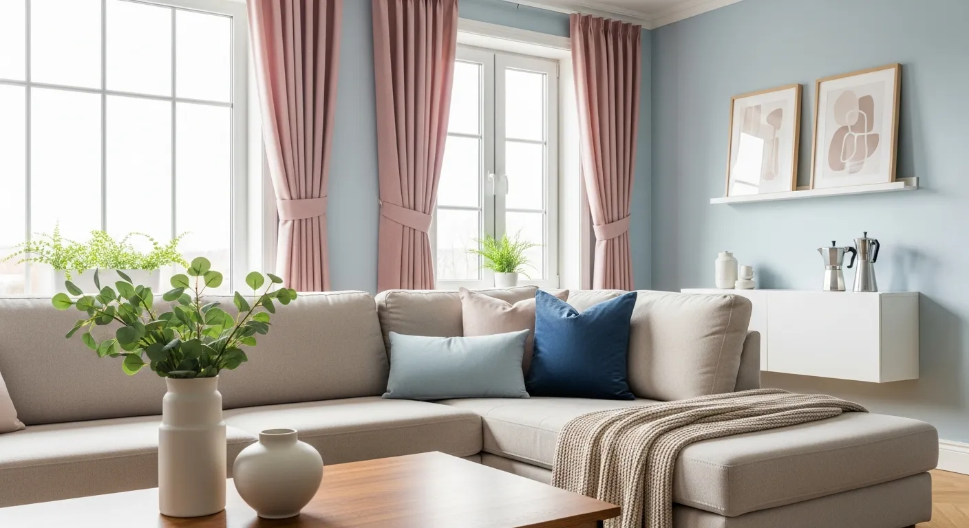Two Large, Sun-drenched Windows Are Elegantly Framed by Floor-length, Pleated Blush Pink Curtains