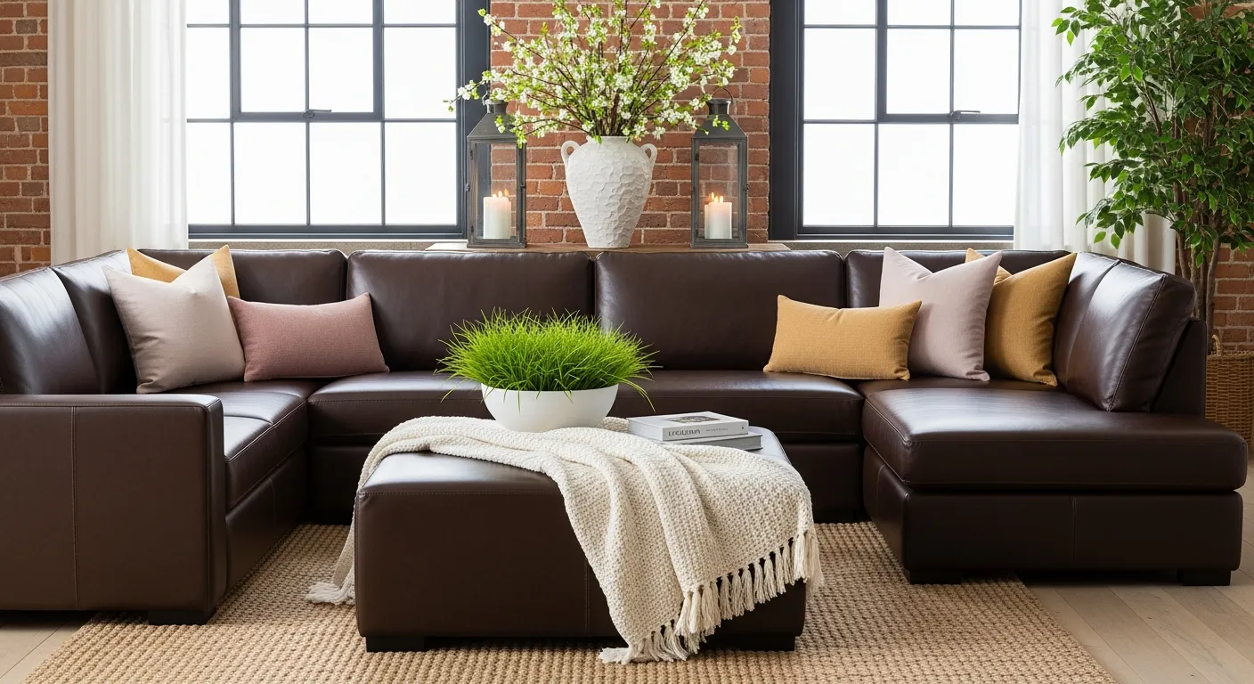 A Large, L-shaped Sectional Sofa Crafted From Rich, Dark Chocolate Brown Leather With a Subtle Sheen, Featuring Deep, Comfortable Cushions