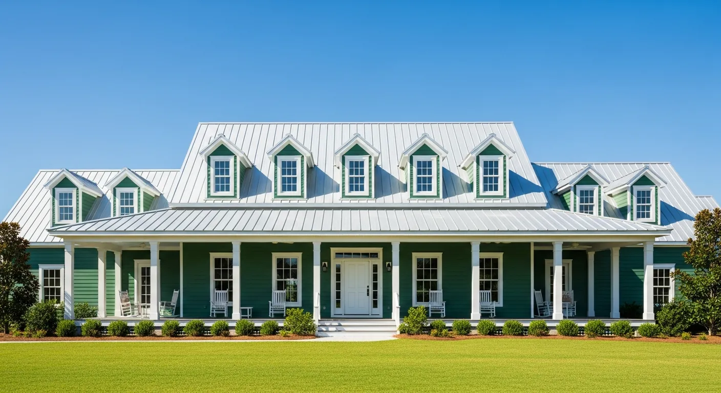 A Beautiful Two-story Emerald Green House Featuring a White Metal Roof With Multiple Dormer Windows