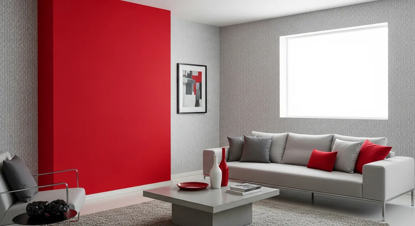 Bold Red Walls Combined With a Light Gray Sofa