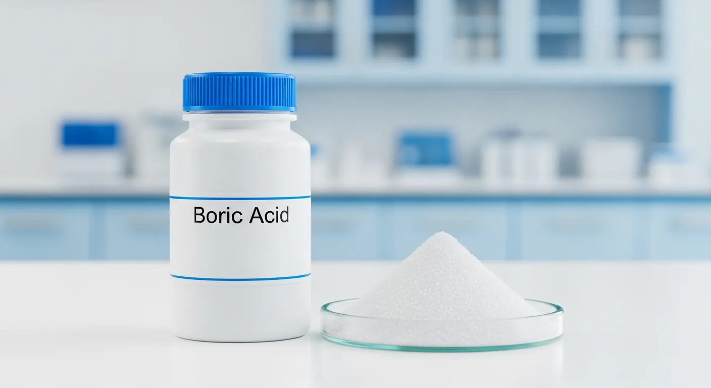 A White Opaque Plastic Bottle With a Vibrant Blue Screw-on Cap, Labeled 'Boric Acid'