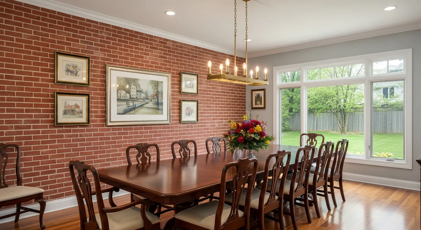 A Brick Red Color Accent Wall and Light Neutral Walls, Both Adorned With Framed Art