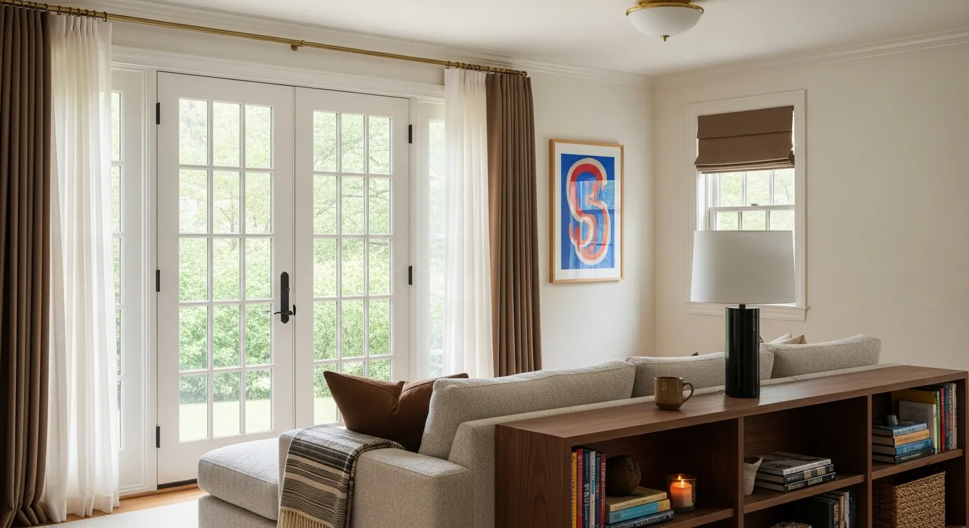 A Door Framed by Delicate Sheer White Inner Curtains and Opaque Brown Outer Drapes 