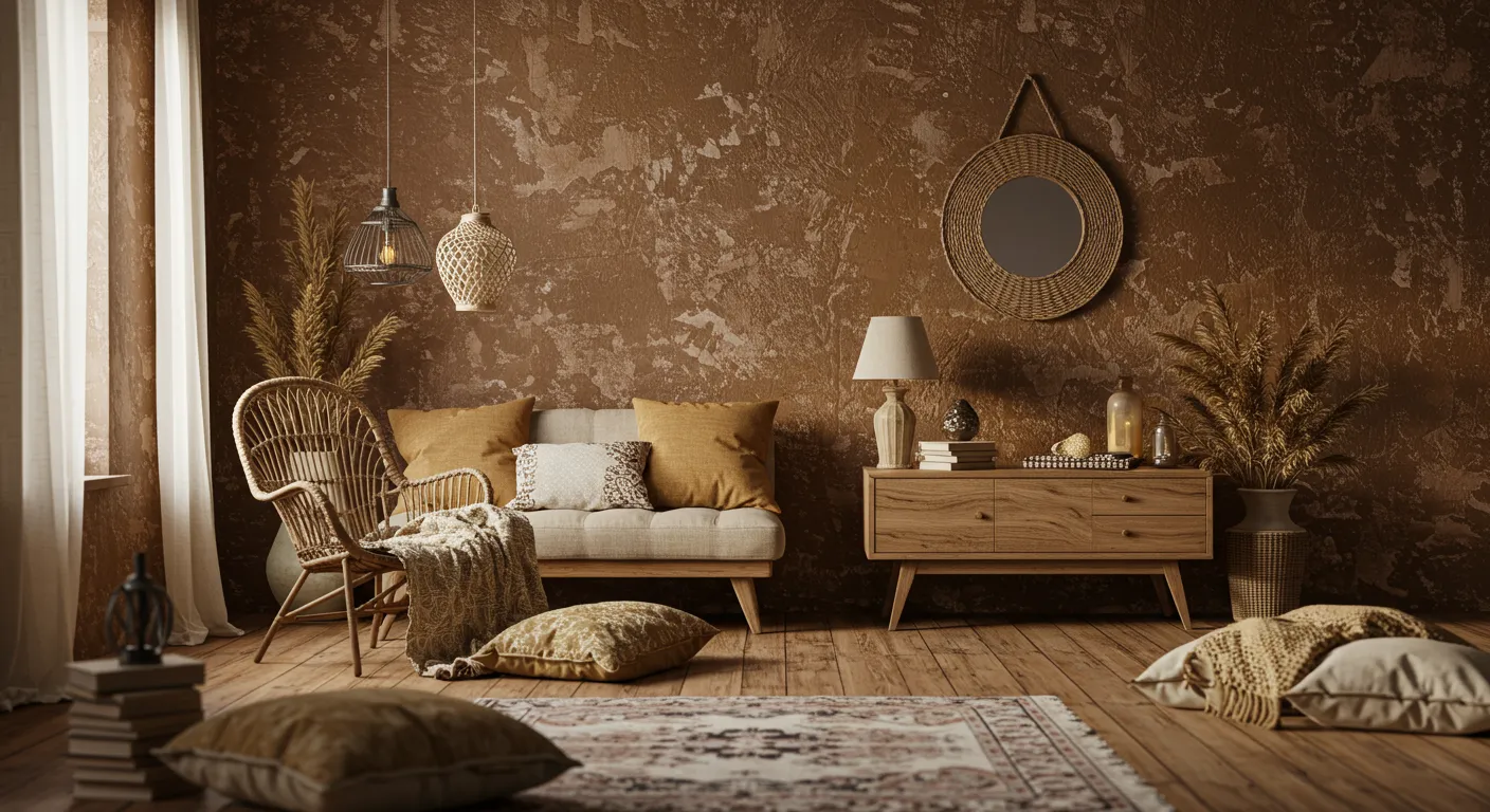Brown Textured Wall With Pale Furniture and Pine Wood Trim Brown Textured Wall With Pale Furniture and Pine Wood Trim