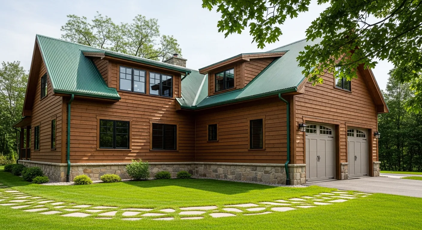 A Warm Brown Horizontal and Vertical Siding, Topped With a Striking Dark Green Corrugated Metal Roof
