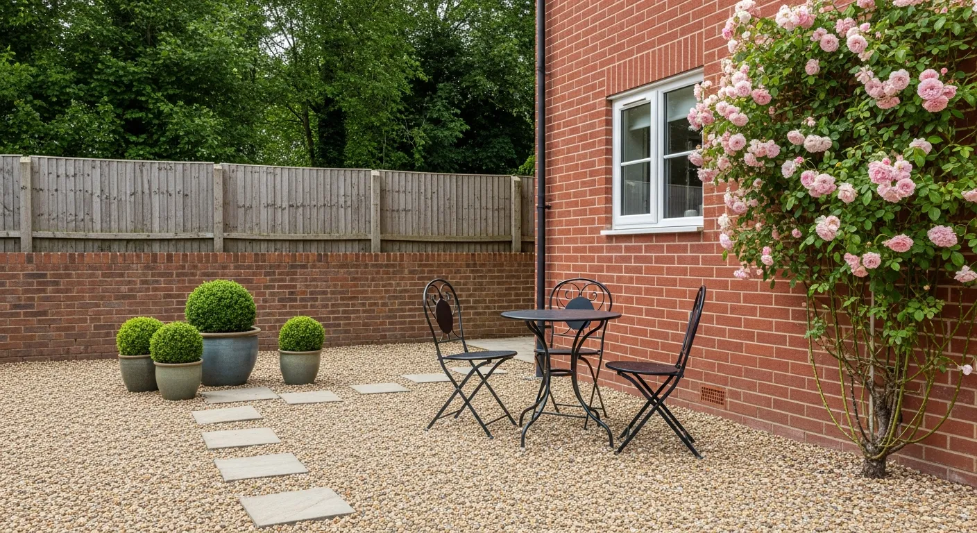 A Tranquil Gravel Patio With Stepping Stones, a Red Brick House Wall Featuring a White Window