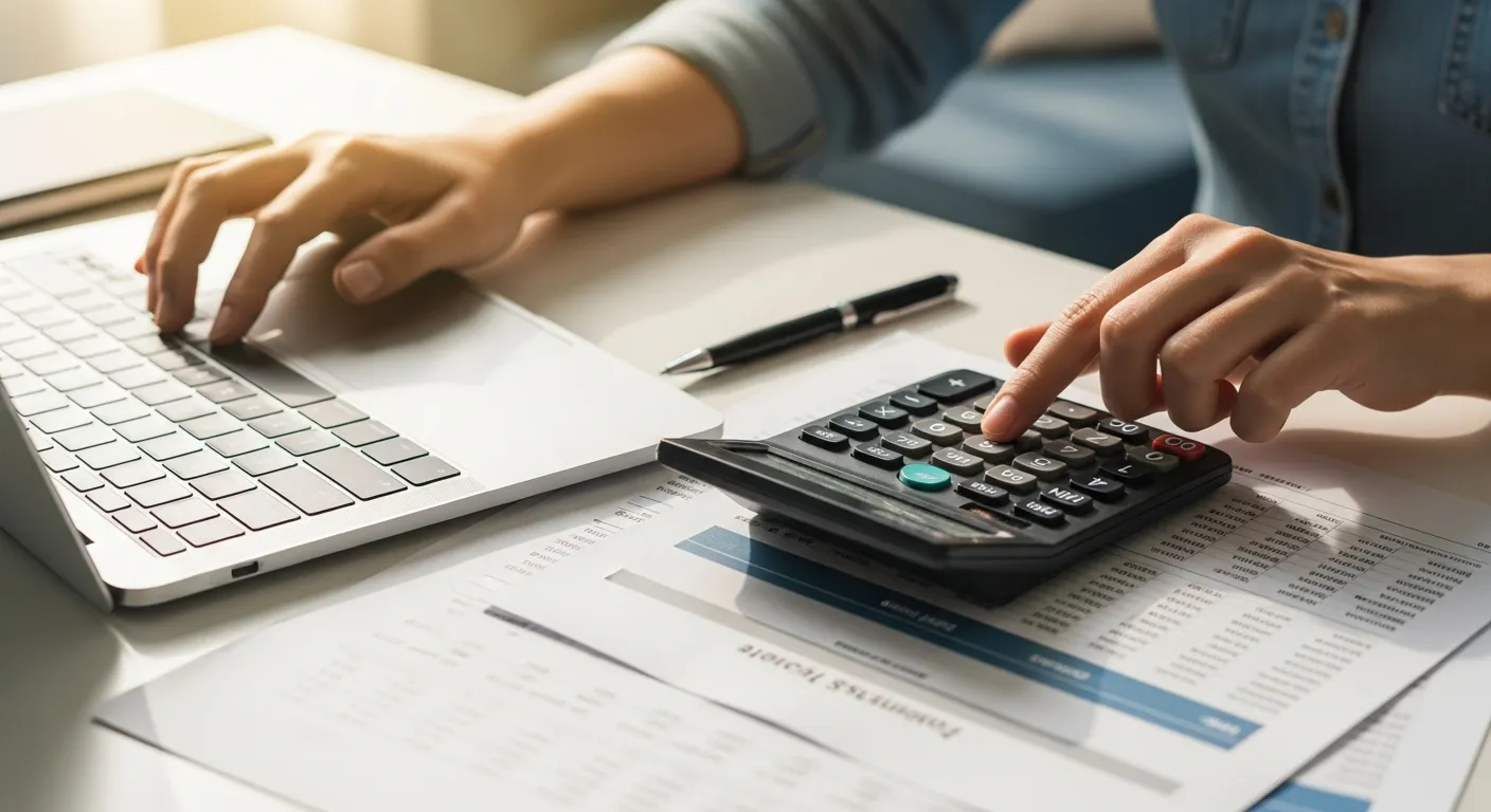A Person's Hands Actively Engaged in Financial Work, Precisely Presses a Button on a Black Digital Calculator