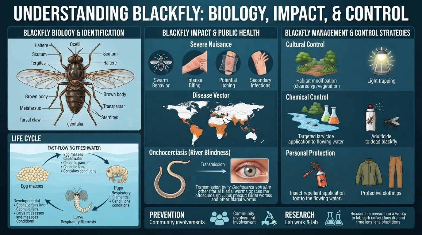 An Intricate Scientific Infographic of Blackfly: Biology, Impact, & Control