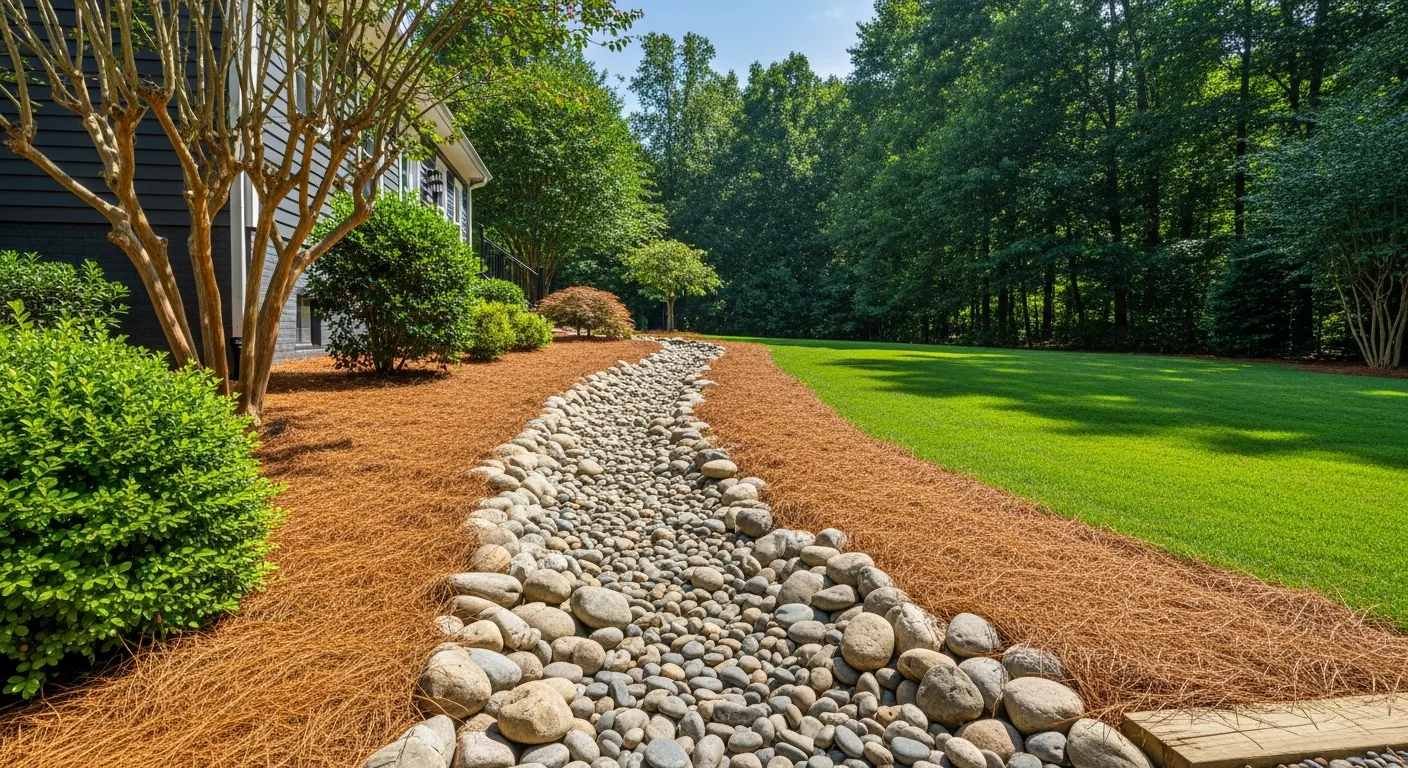 A Meticulously Arranged Dry Creek Bed, Composed of Various Sizes of Smooth, Weathered River Stones