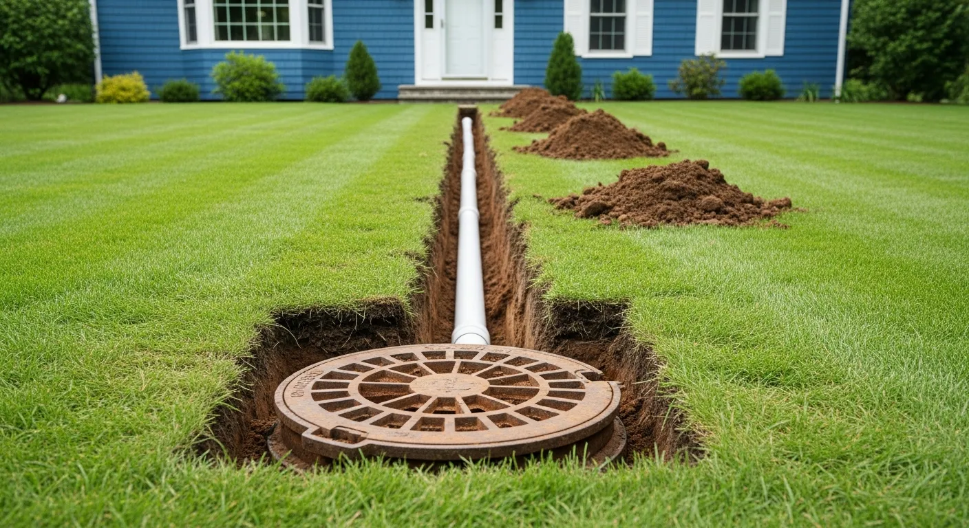 A White Pvc Drainage Pipe Runs Centrally Through the Trench