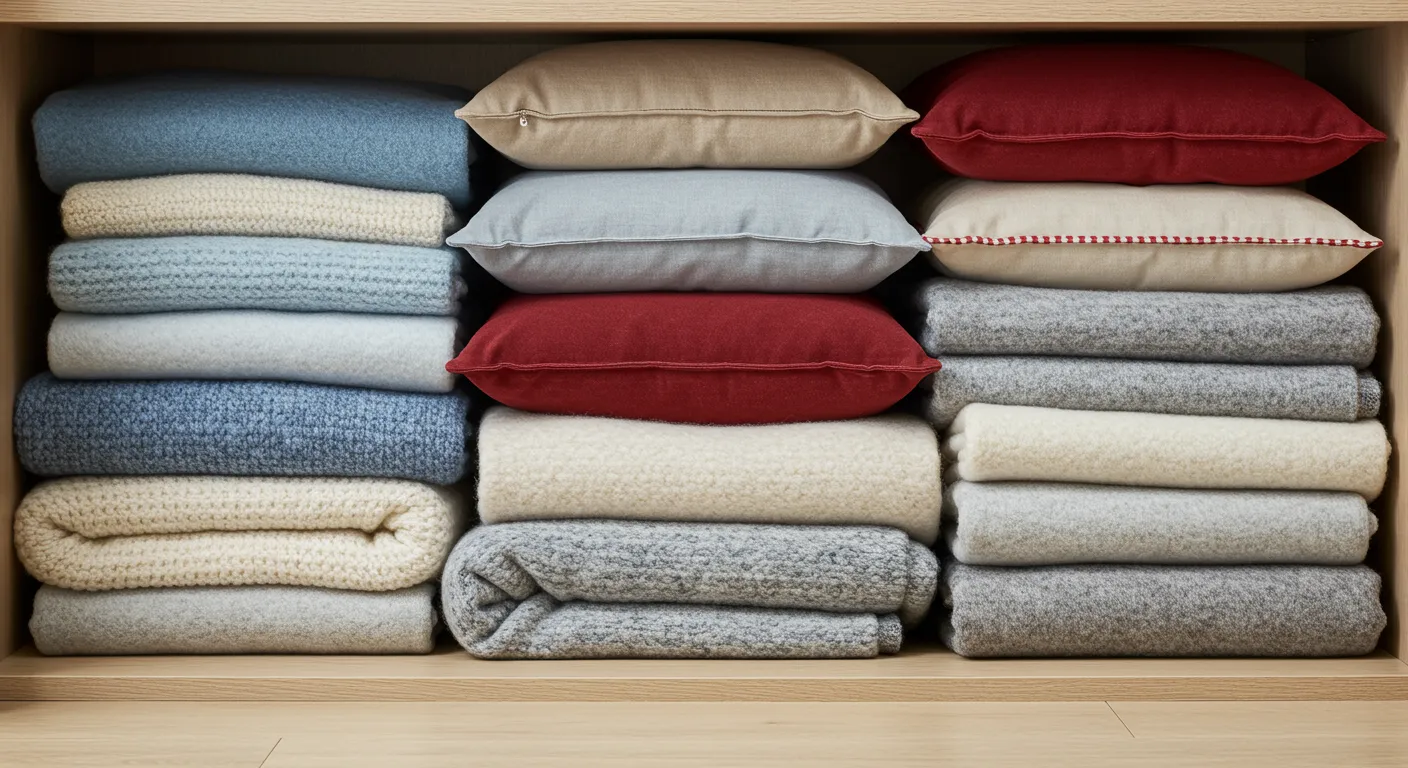 Bulky Folded Blankets and Pillows Neatly Arranged on the Bottom of the Closet Bulky Folded Blankets and Pillows Neatly Arranged on the Bottom of the Closet