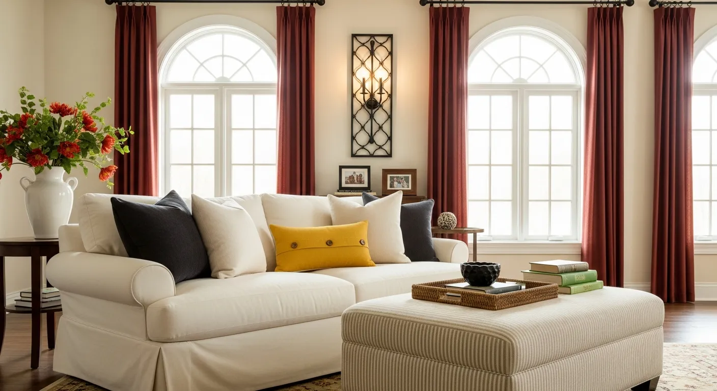 Window is Dressed With Long, Flowing Burgundy Drapes, Hung From Black Metal Curtain Rods With Decorative Finials