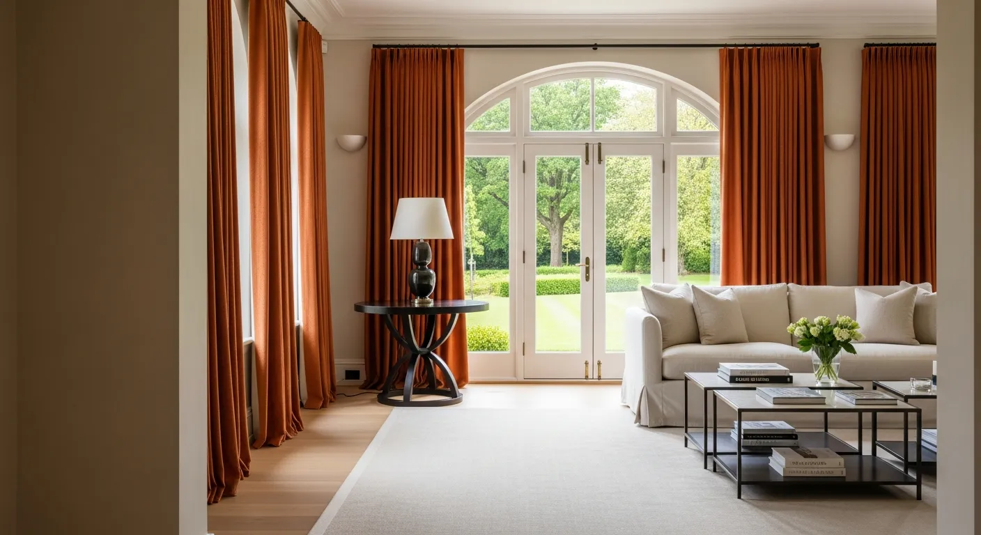 A Partial Cream Wall/Doorway Transitions Into Floor-to-ceiling Brunt Orange Curtains