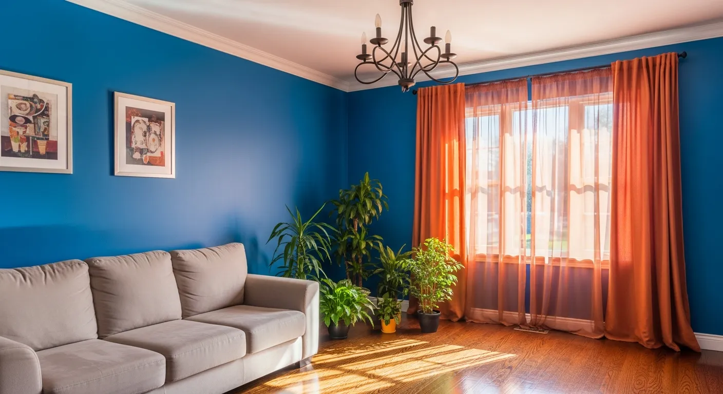 A Vibrant Royal Blue Walls and White Crown Molding Streams Through a Large Window on the Right, Covered by Sheer Burnt Orange Curtains