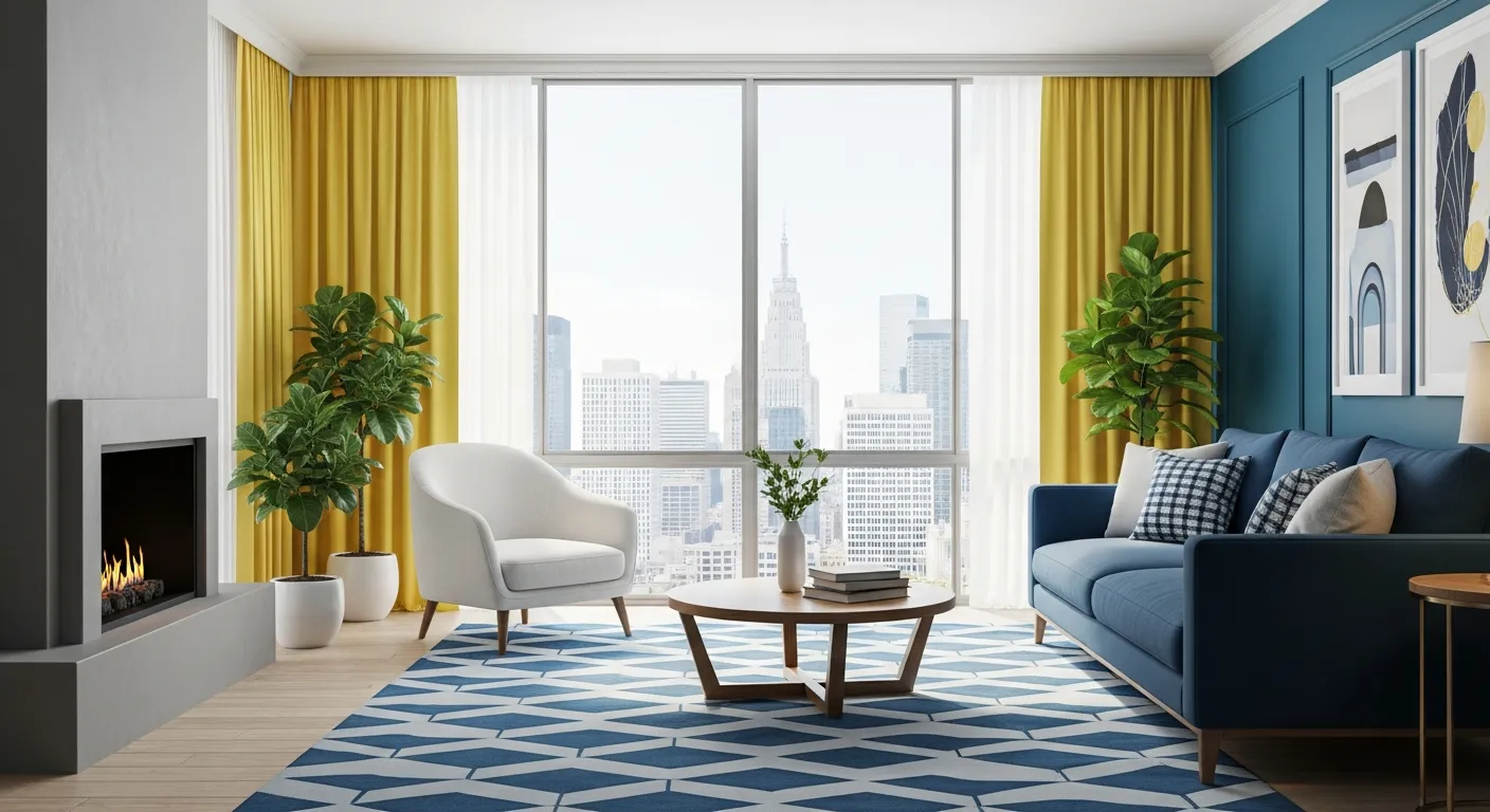 A Plush Blue Sofa With White and Blue Cushions Sits on a Geometric Blue and White Rug