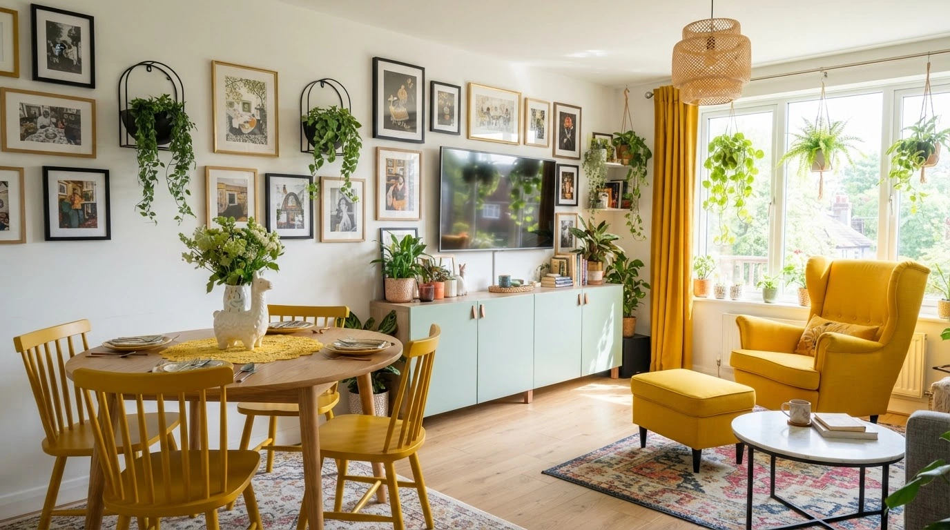 An Oval Light-toned Wooden Dining Table is Surrounded by Four Vibrant Mustard Yellow Wooden Spindle-back Chairs