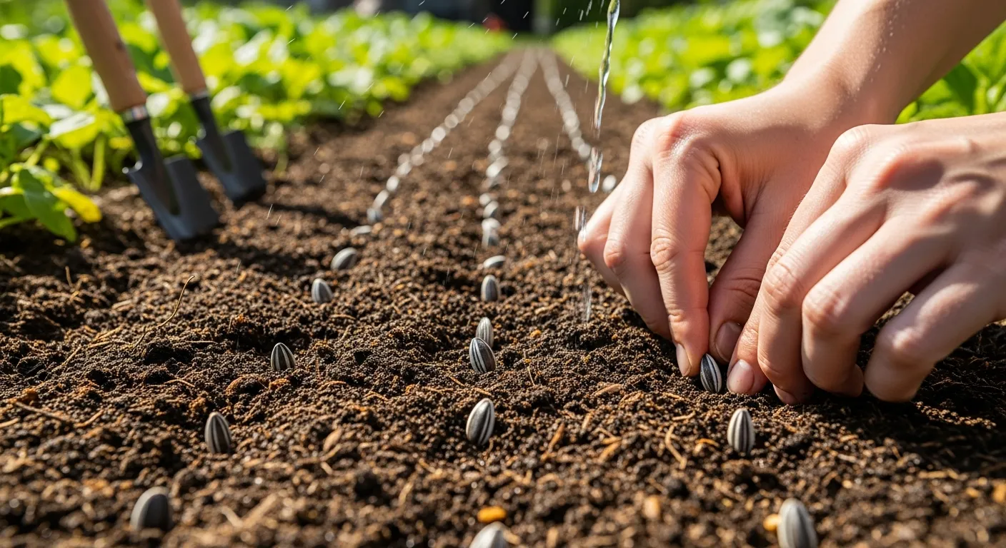 Careful Hands Gently Pressing Tiny, Dark Mexican Sunflower Seeds Into a Meticulously Prepared Garden Bed