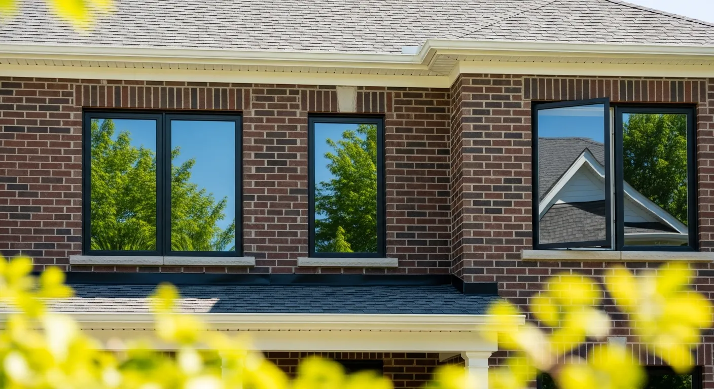 Three Sleek Black-framed Casement Windows Are Visible on the Second Story