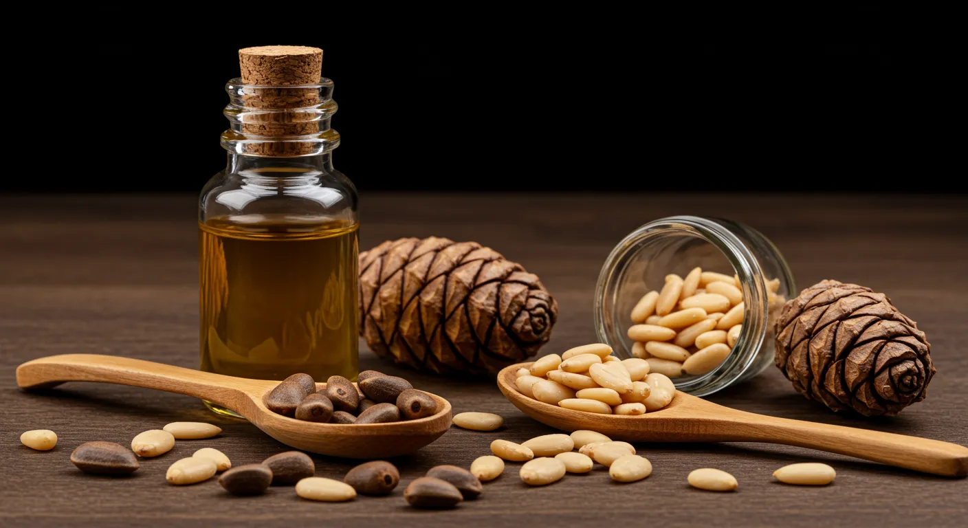 Cedar Nuts and Cedar Oil, Cedar Cones, Wooden Spoon on a Wooden Surface Cedar Nuts and Cedar Oil, Cedar Cones, Wooden Spoon on a Wooden Surface