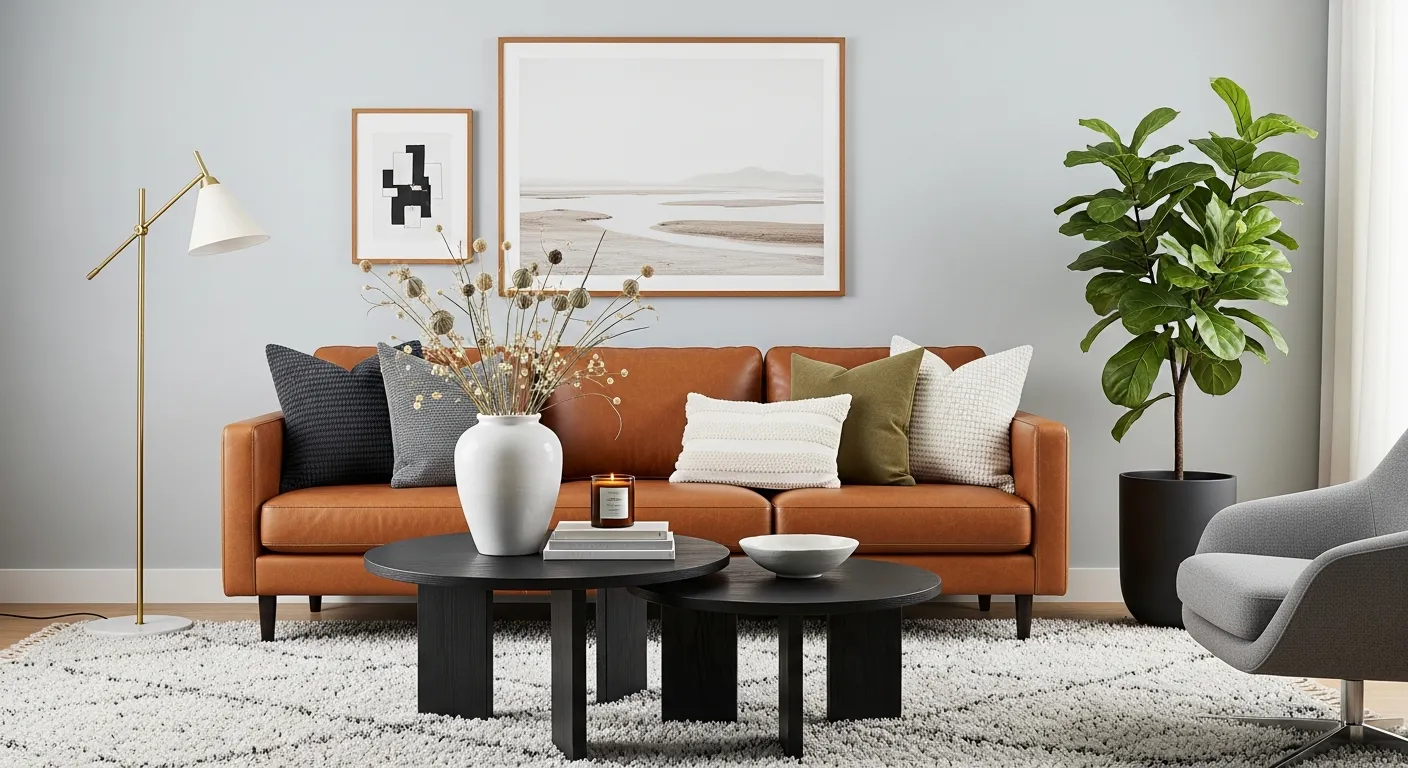 A Rich Brown Leather Three-seater Sofa With an Assortment of Textural Throw Pillows in Charcoal, Warm White, and Olive