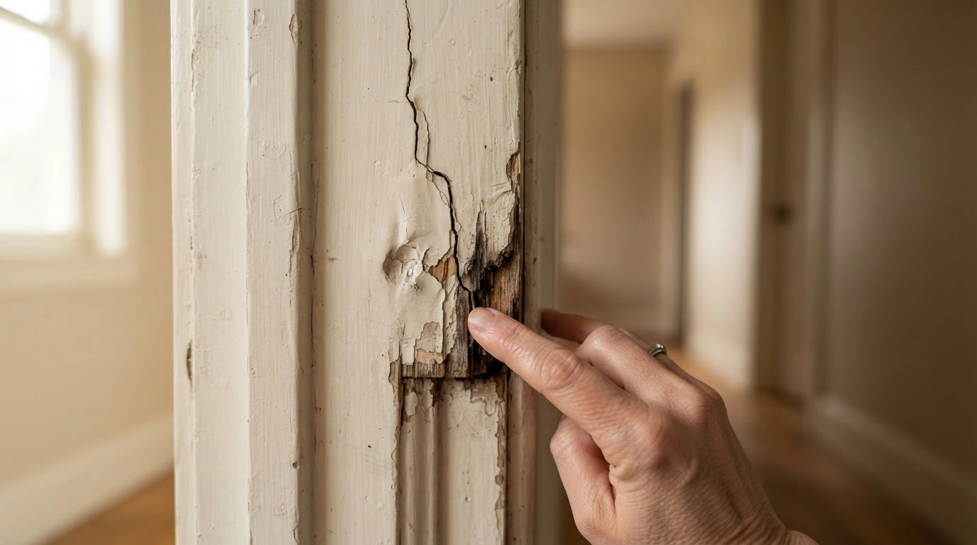 An Individual's Hand Gently Inspecting a Damaged Wooden Door Frame