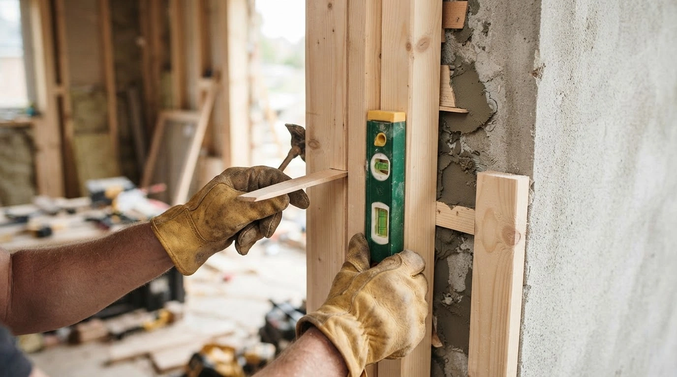 Meticulously Checking the Plumb and Level of a New, Unfinished Natural Pine Wood Door Frame