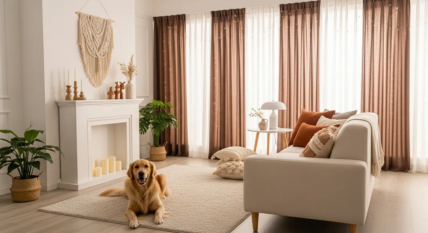  Warm Natural Light Filtering Through Sheer, Chocolate Brown Curtains That Stretch Across Large Windows