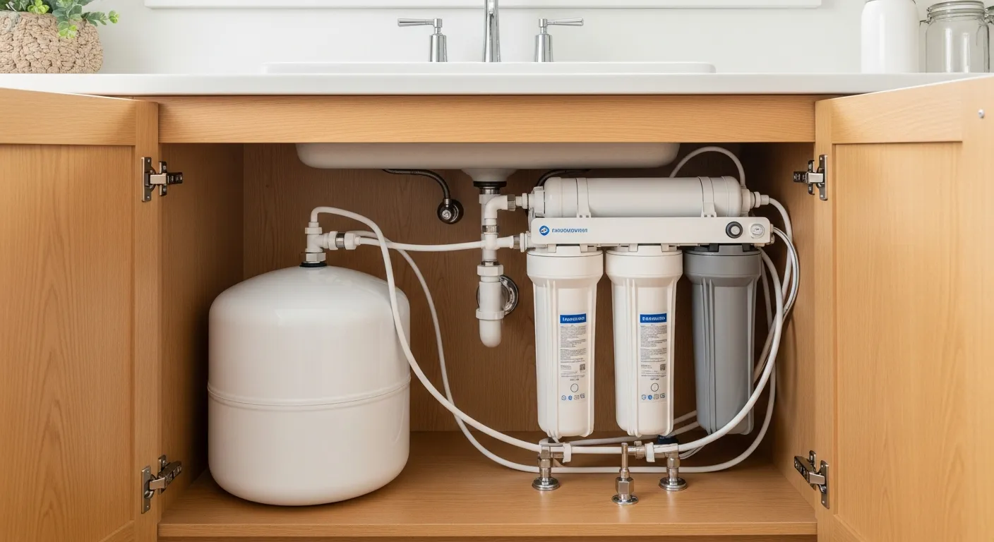 A Under-sink Water Filtration System, Featuring a White Cylindrical Storage Tank and a Multi-stage Filter Unit
