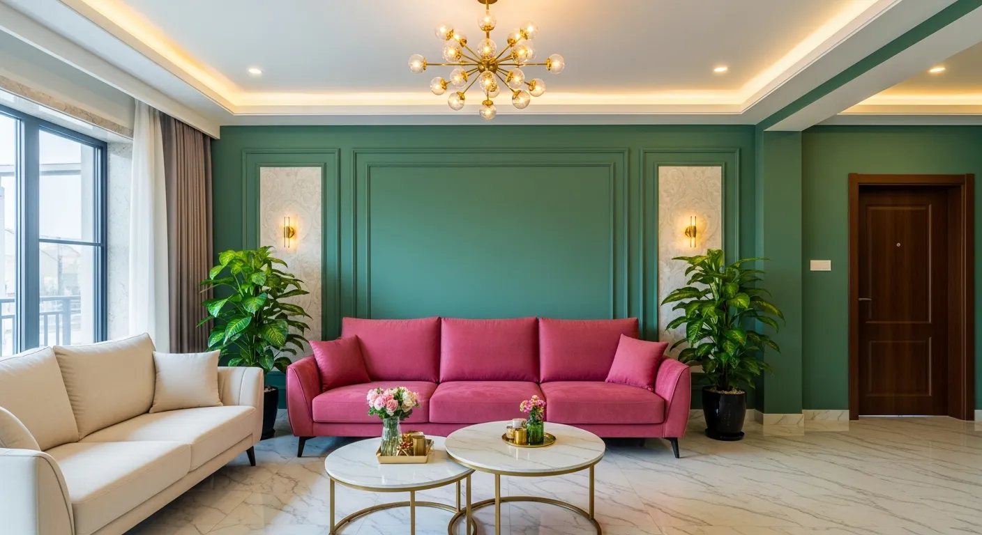 A Modern Living Room Featuring Emerald Greens Walls and a Polished Marble Floor