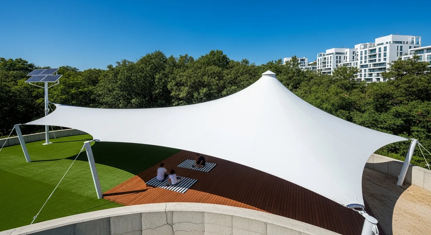 A Vast, Pristine White Tensile Fabric Canopy, Dominating the Midground, Gracefully Stretching