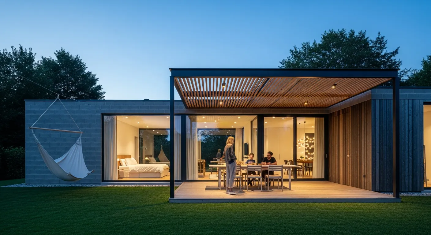An Expansive Wooden Patio Extends From the House, Covered by a Slatted Timber Pergola Supported by Sleek Black Metal Beams