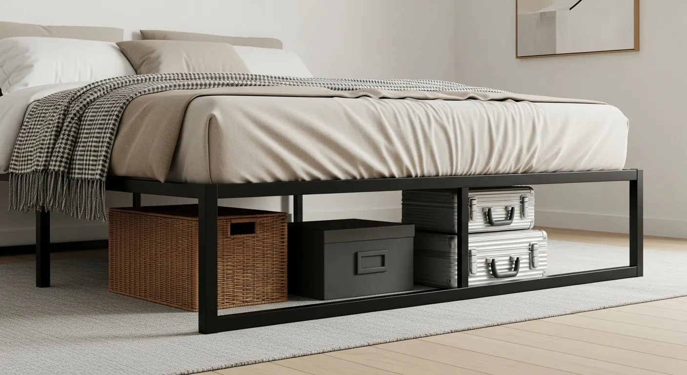 A Modern Black Metal Platform Bed Frame With Neutral Beige and White Bedding