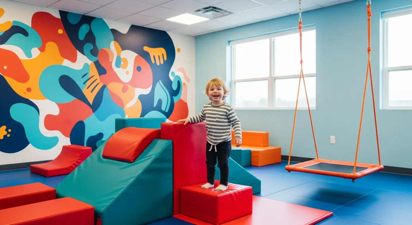 The Child Stands on a Red Foam Block Next to a Large, Colorful Soft Play Structure Made of Teal, Red, and Orange Foam