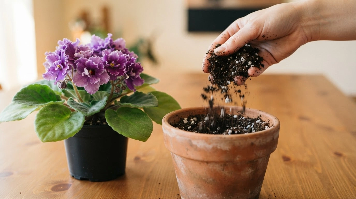 A Person's Hand Delicately Sifting Dark, Nutrient-rich Potting Soil Mixed With Bright White Perlite Into an Empty, Round, Unglazed Terracotta Pot