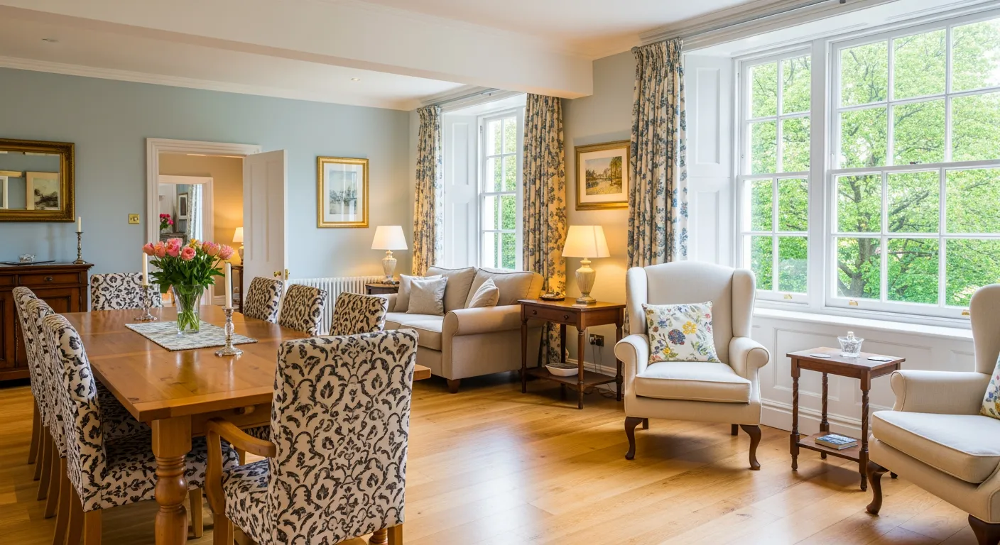 The Room Features Light Blue and Beige Walls, a Light Wood Floor, and Large White-framed Windows 