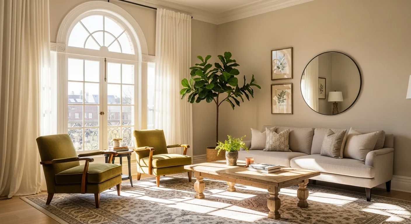 A Grand, Tall Arched Window, Which is Adorned With Floor-to-ceiling White Drapes