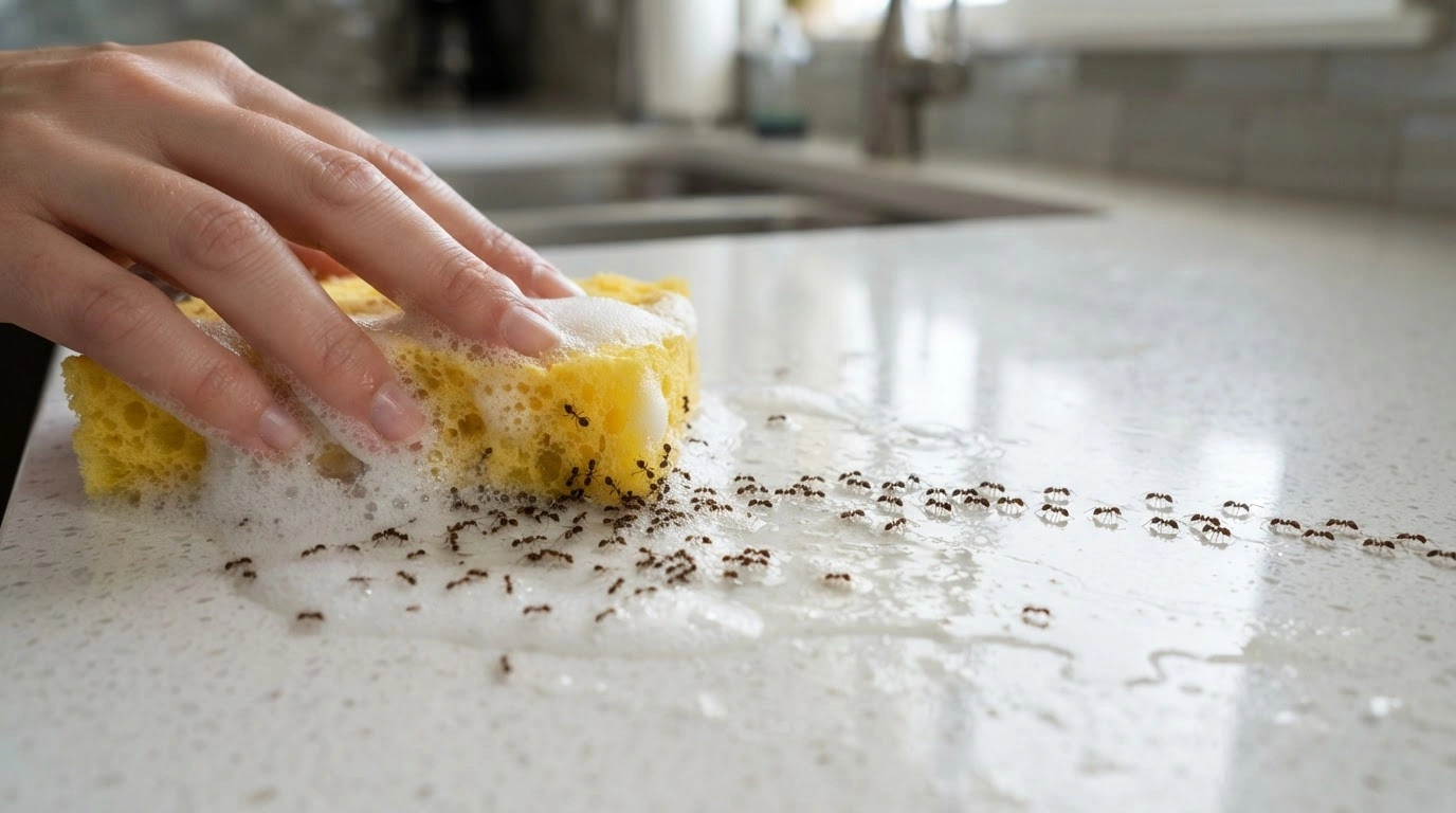 An Active Ant Trail Being Disrupted on a Pristine, Light-colored Kitchen Countertop