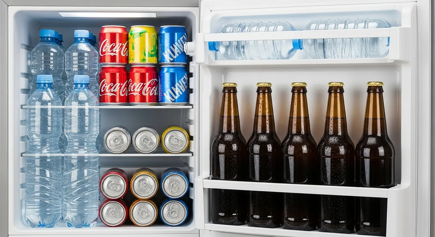 Clear Plastic Water Bottles, Colored Aluminum Soda Cans, and Dark Amber Glass Beer Bottles, Stacked and Tightly Interlocked Within a Small Refrigerator