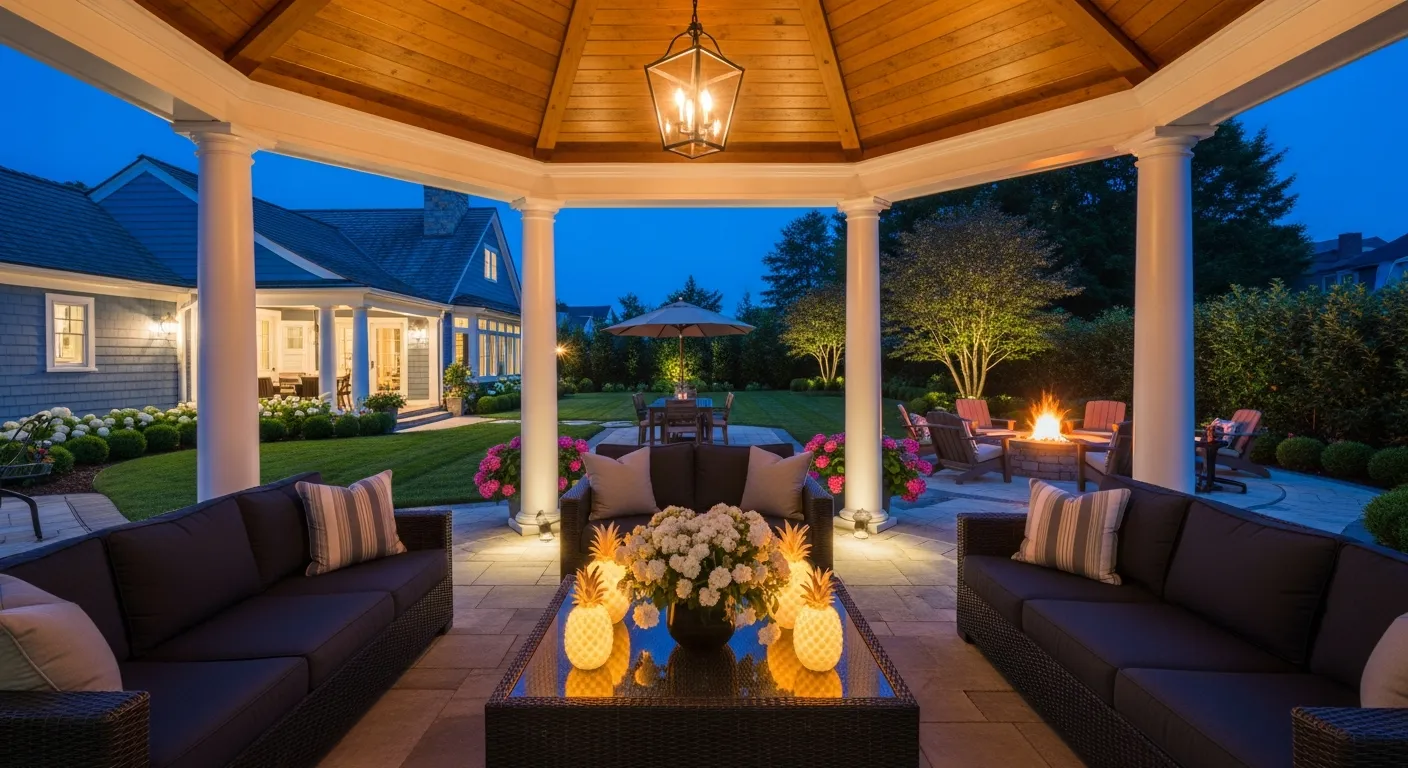 A Spacious Gazebo With a Wooden Ceiling and White Classical Pillars Covers a Paved Patio With Dark Wicker Sofas Facing Each Other