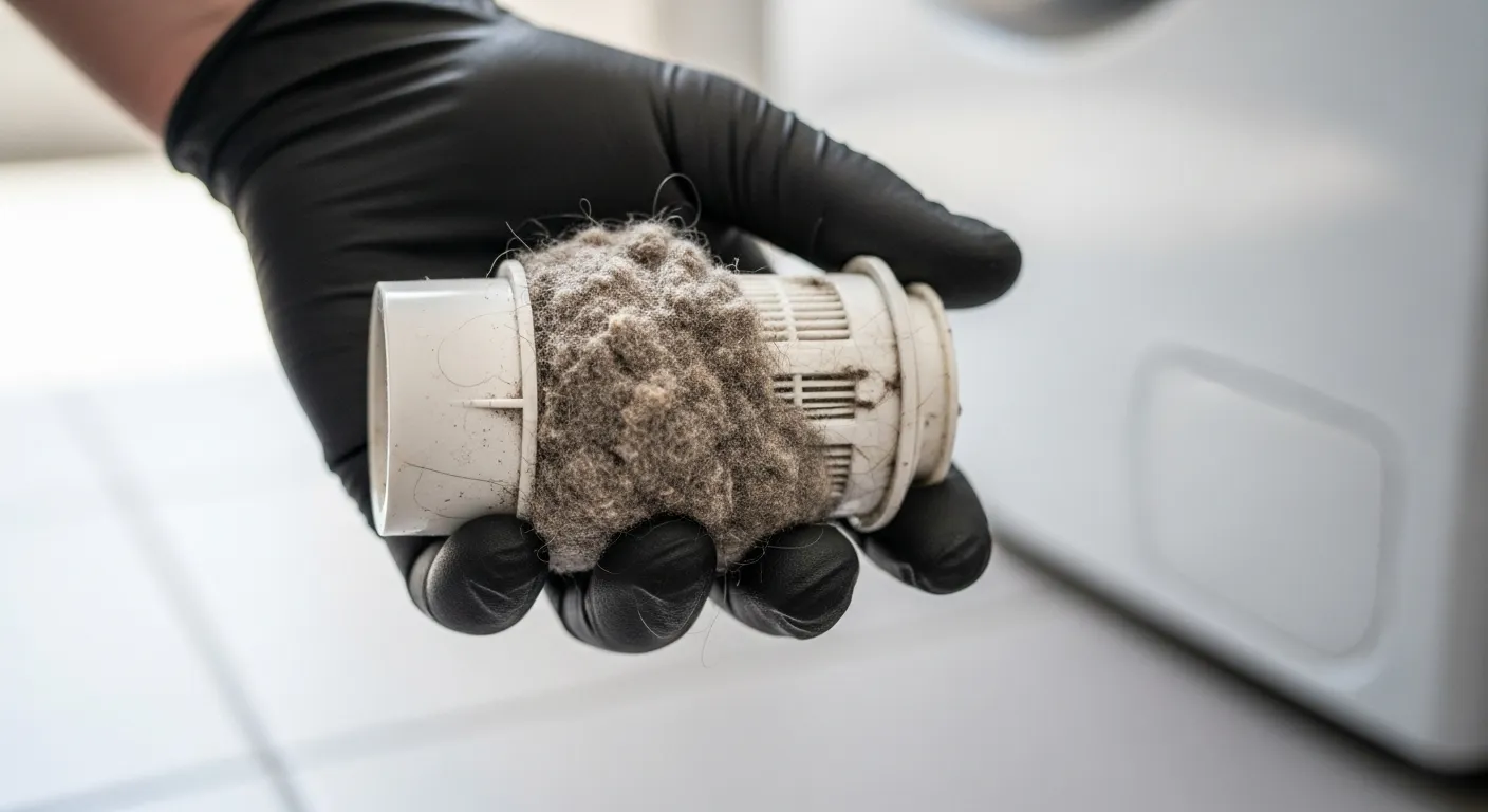 A Black Nitrile Glove, Holding a Severely Clogged White Plastic Washing Machine Pump Filter Overflowing With Gray Lint and Debris