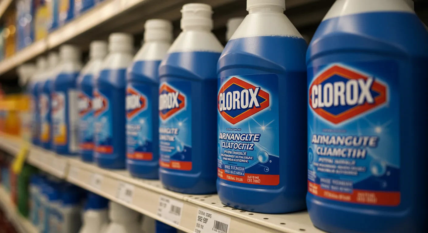 Clorox Bleach Bottles Arranged in a Neat Row on a Retail Shelf Clorox Bleach Bottles Arranged in a Neat Row on a Retail Shelf