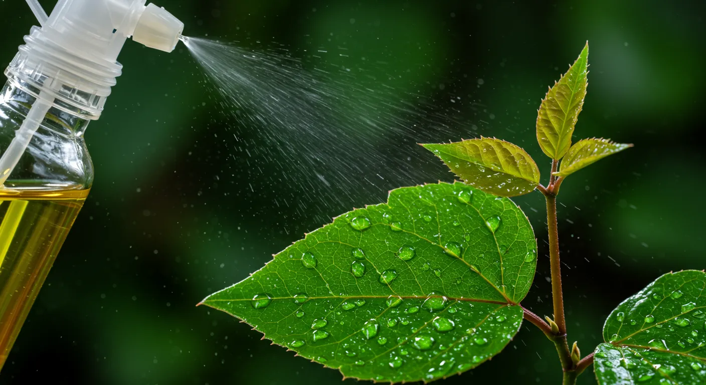 Clove Oil Being Sprayed From a Clear Spray Bottle Onto Vibrant Green Poison Ivy Leaves Clove Oil Being Sprayed From a Clear Spray Bottle Onto Vibrant Green Poison Ivy Leaves